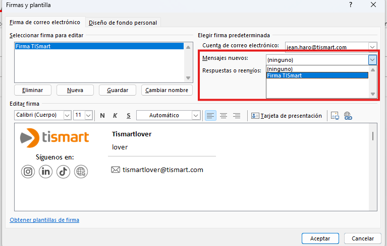 Configuración de firma predeterminada